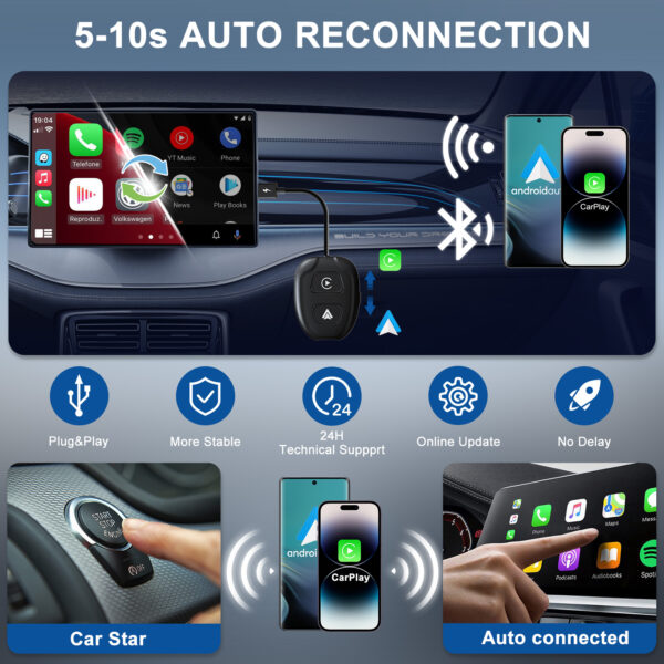 Wireless CarPlay Adapter for iPhone,Converts Factory Wired to Wireless,Plug & Play,Stable Control & No Delay,2025 Upgraded 2 in 1,USB A/C Port to iOS 10+ Android 10.0+ - Image 4